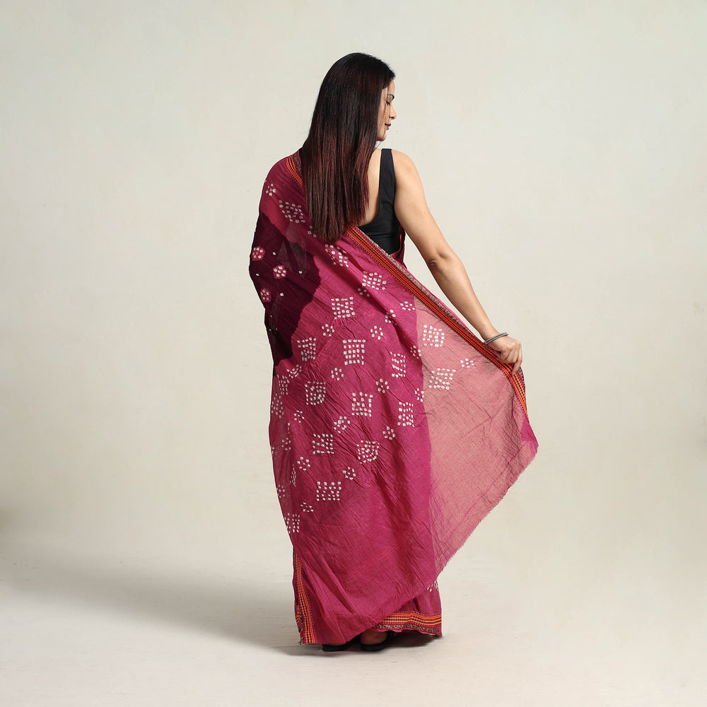 Maroon - Kutch Tie-Dye Cotton Bandhani Saree with Blouse Piece 19