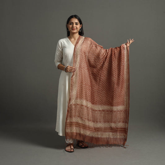 Brown - Block Printed Chanderi Silk Bagru Dupatta 65