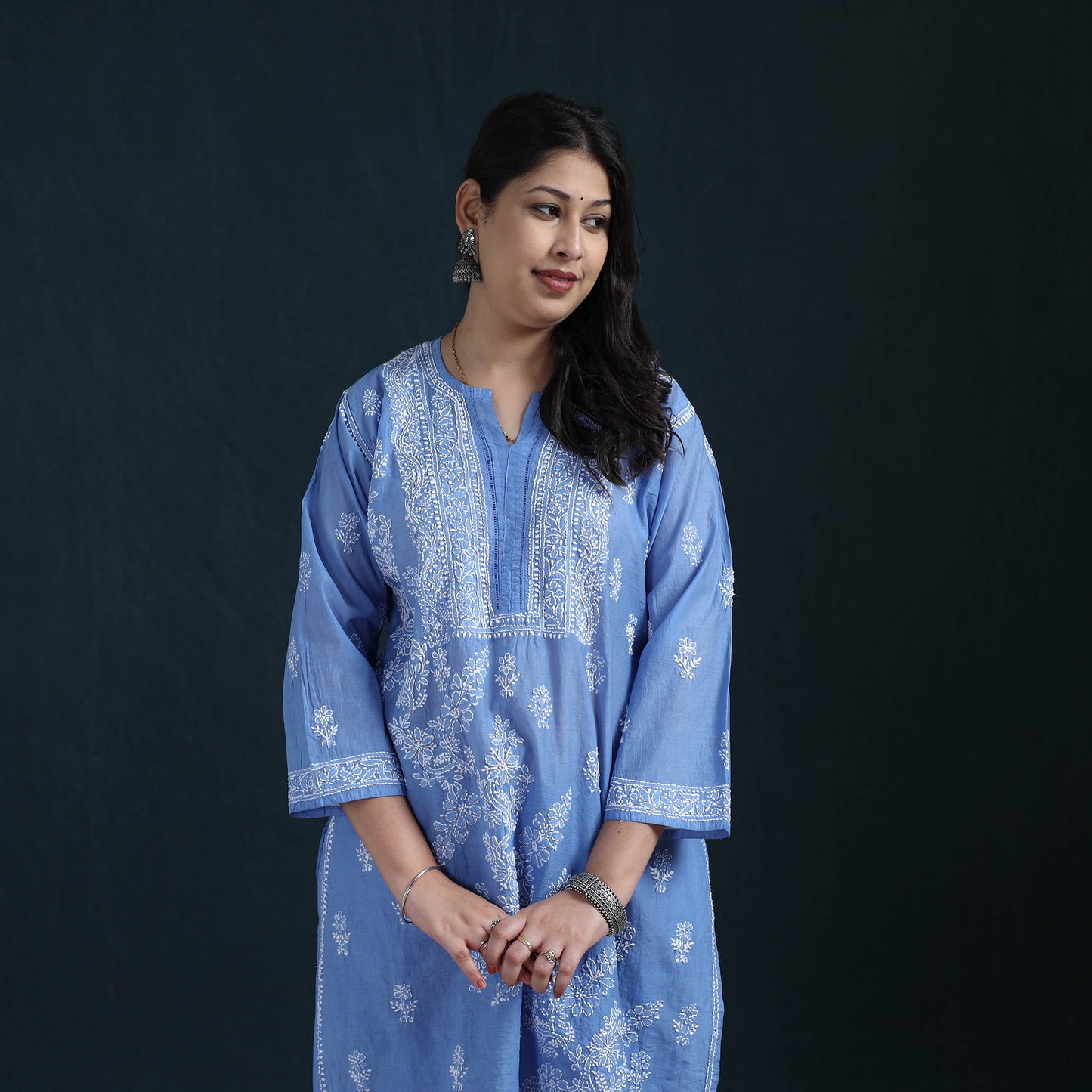 Blue - Hand Embroidered Mul Chanderi Chikankari Kurta with Palazzo Set for Women 21