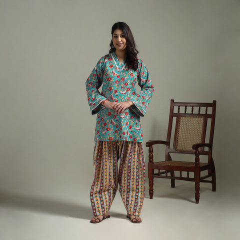 Sanganeri Hand Block Print Cotton Lace Work Short Kurta with Farshi Salwar Set for women 03