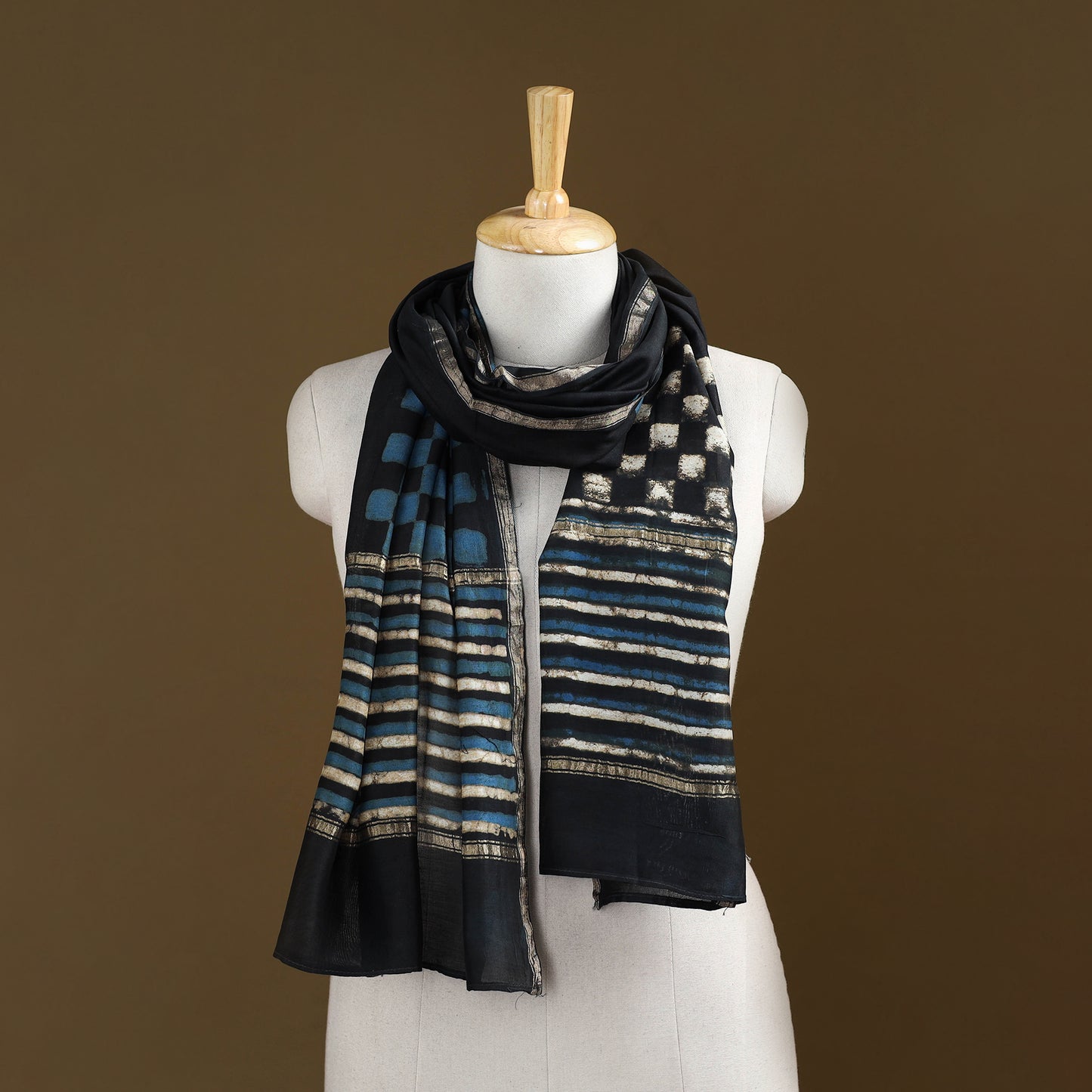 Black - Pipad Hand Block Print Natural Dyed Chanderi Silk Handloom Stole 12