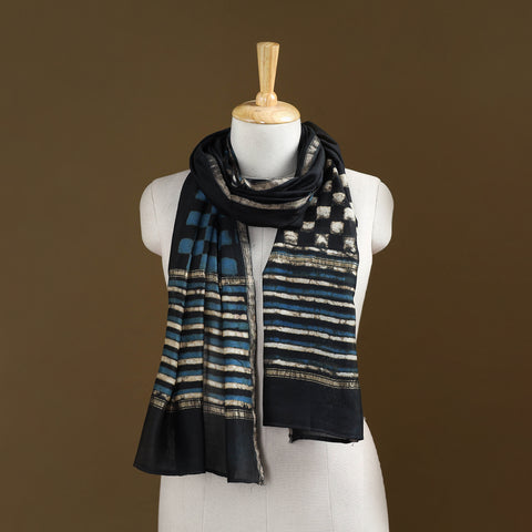 Black - Pipad Hand Block Print Natural Dyed Chanderi Silk Handloom Stole 12