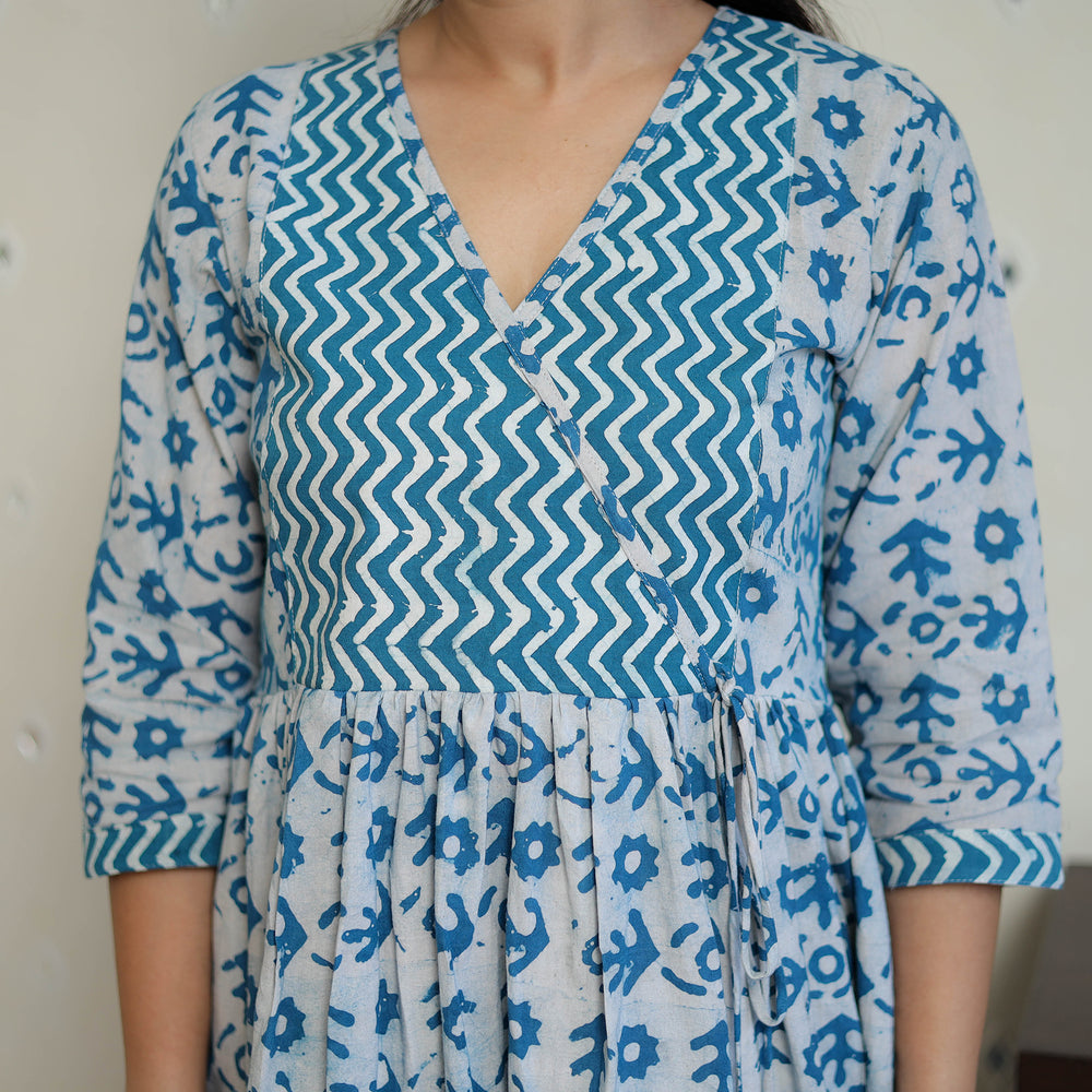 Blue - Pure Cotton Angrakha Batik Print Dress 01