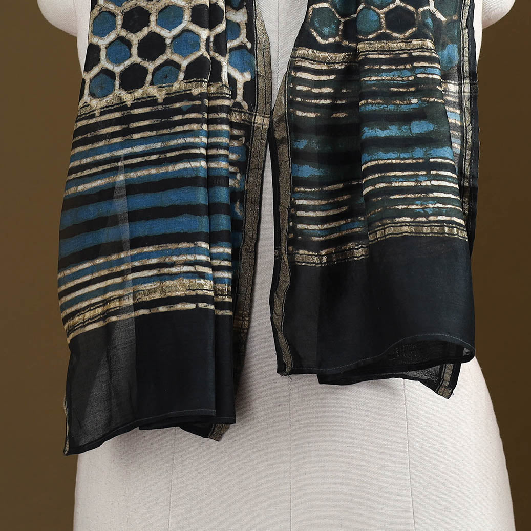 Black - Pipad Hand Block Print Natural Dyed Chanderi Silk Handloom Stole 13