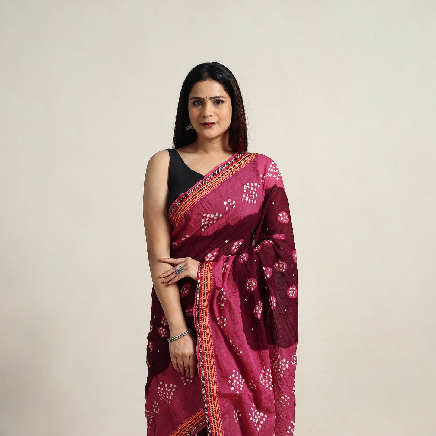 Maroon - Kutch Tie-Dye Cotton Bandhani Saree with Blouse Piece 19