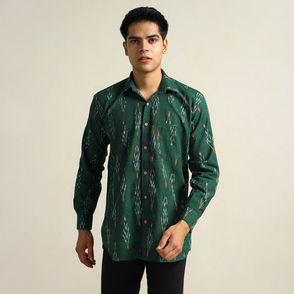 Green - Pochampally Ikat Weave Cotton Men Full Sleeve Shirt 29