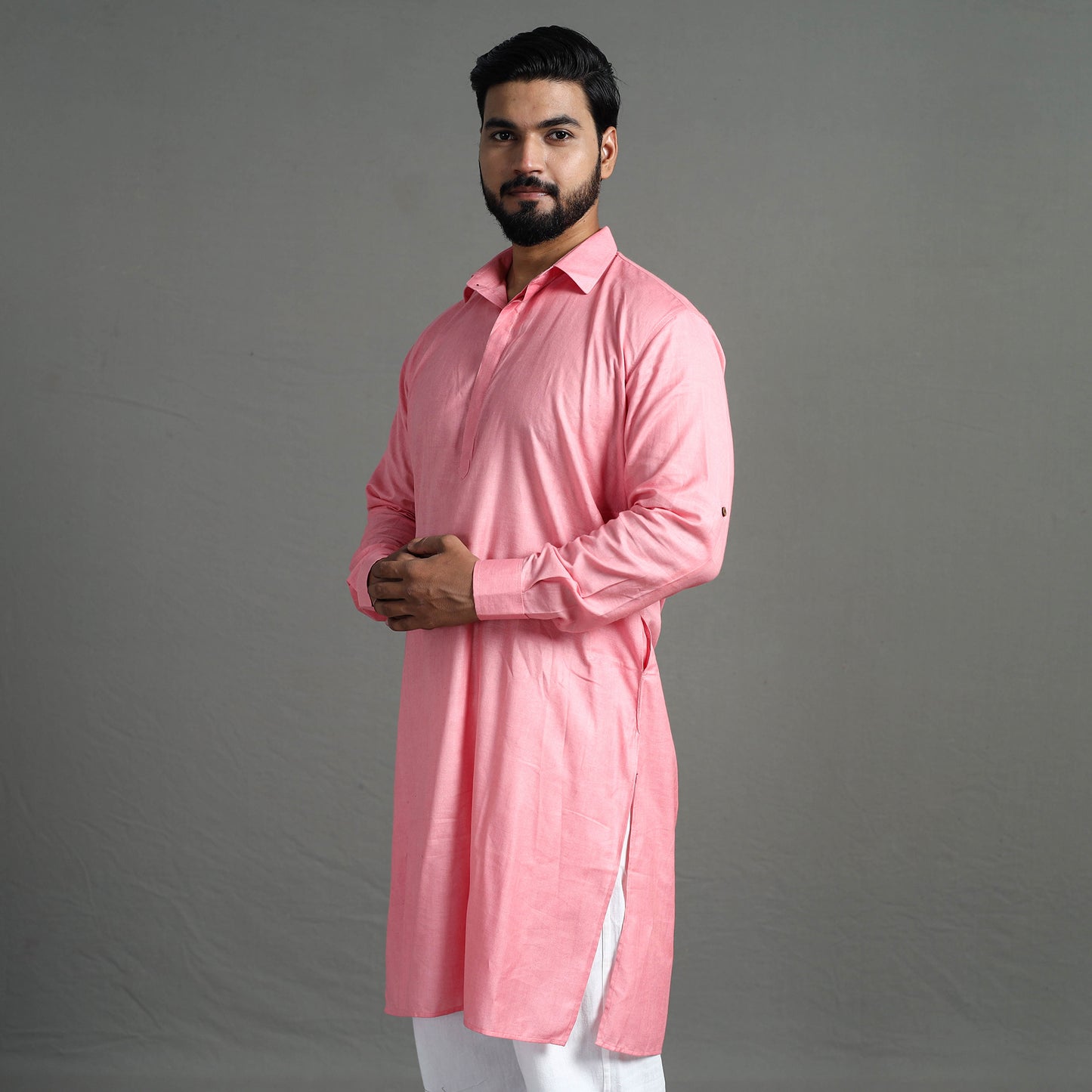 Baby Pink - Linen Viscose Plain Men Long Pathani Kurta