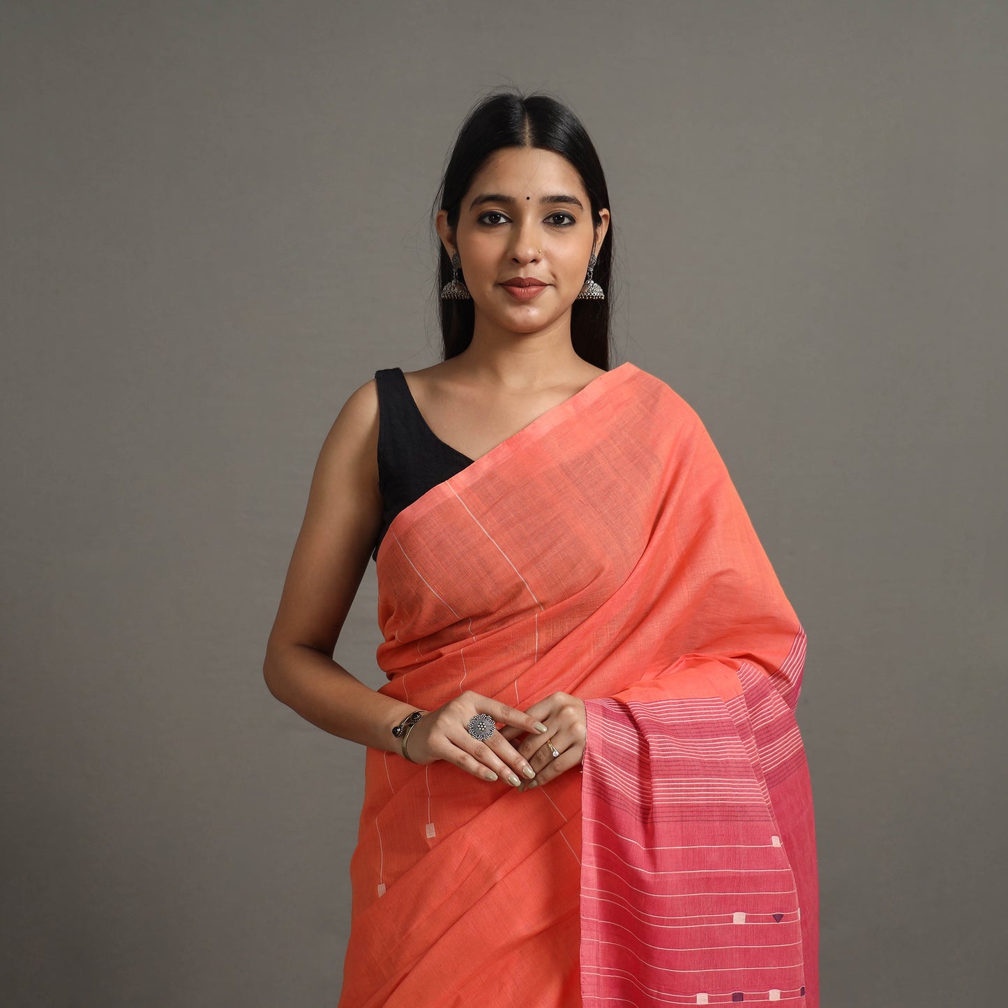 Orange - Jamdani Buti Cotton Handloom Saree 56