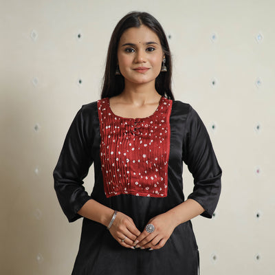 Black - Plain Modal Silk Straight Kurta with Bandhani Pintuck Patchwork 05