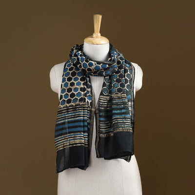 Black - Pipad Hand Block Print Natural Dyed Chanderi Silk Handloom Stole 13