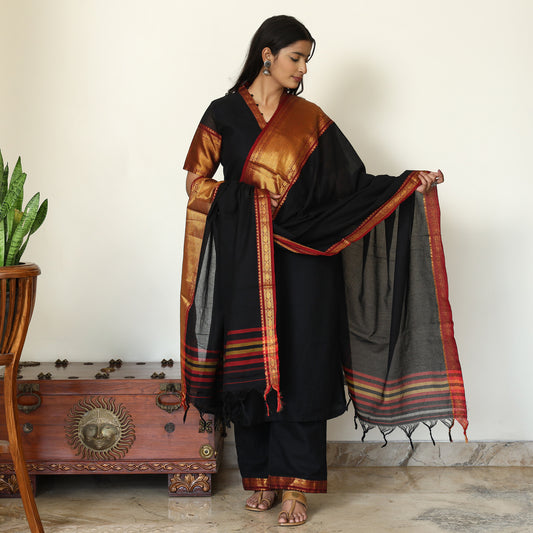 Black - Dharwad Cotton Kurta with Palazzo & Dupatta Set 21