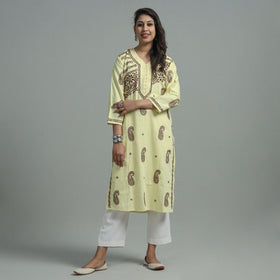 Light Yellow Chikankari Hand Embroidered Cotton Long Kurta for Women 