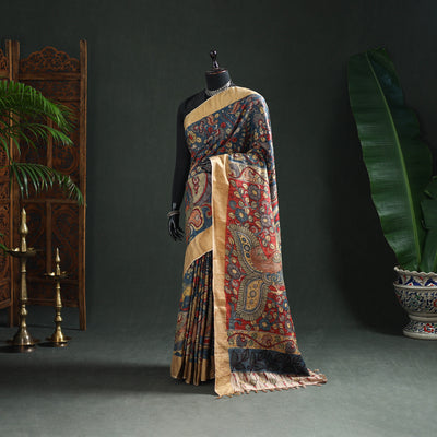 Pure Handloom Desi Tussar Silk Handpainted Srikalahasti Pen Kalamkari Saree with Zari Border 06