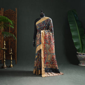 Pure Handloom Desi Tussar Silk Handpainted Srikalahasti Pen Kalamkari Saree with Zari Border 06