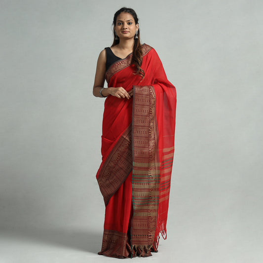 Red - Dharwad Cotton Saree with Thread Border