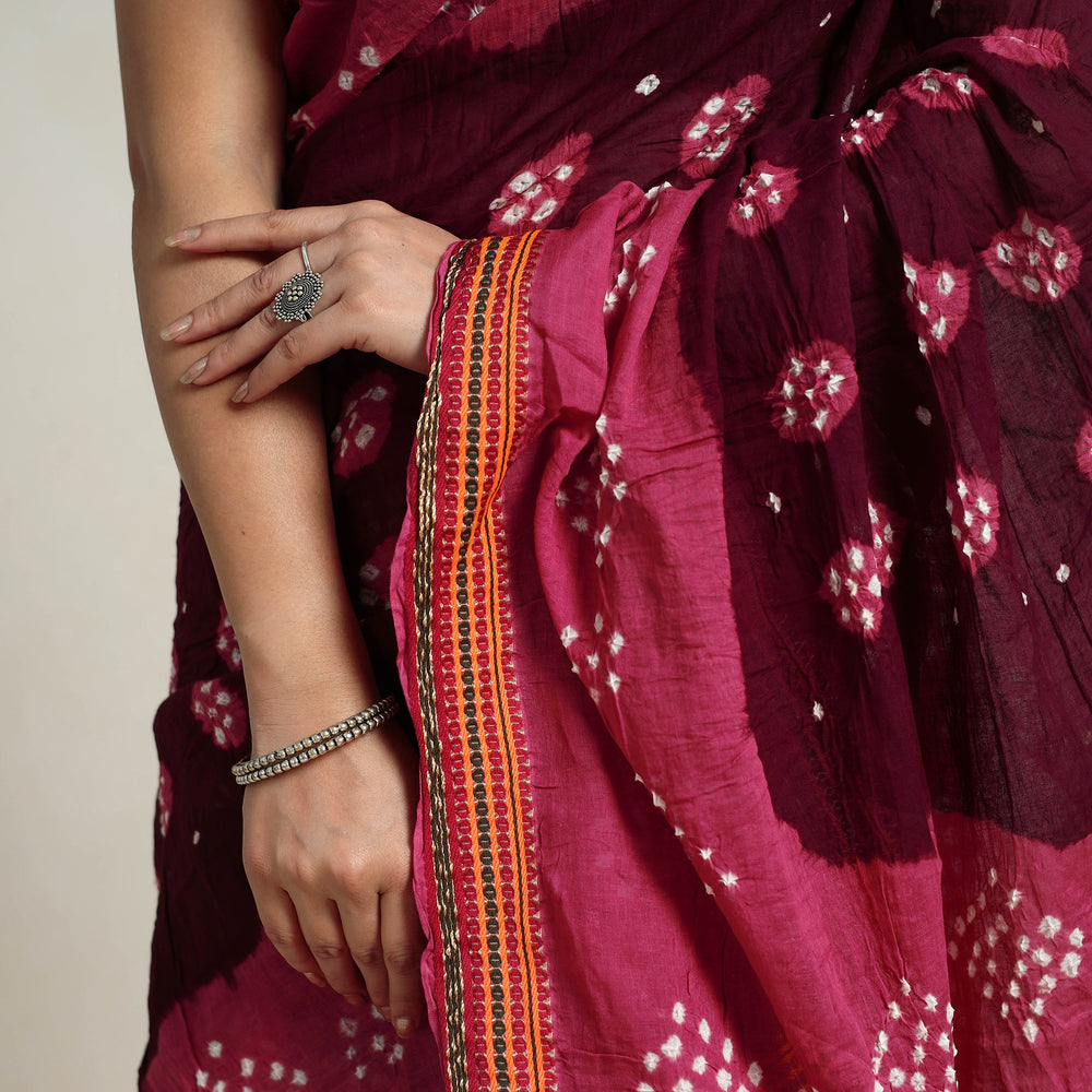 Maroon - Kutch Tie-Dye Cotton Bandhani Saree with Blouse Piece 19