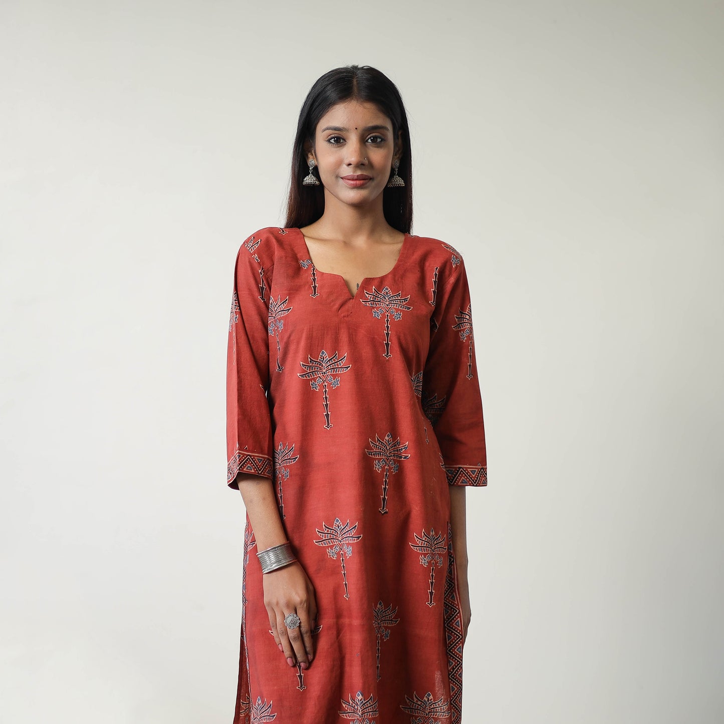 Red - Block Printed Cotton Straight Ajrakh Kurta 13