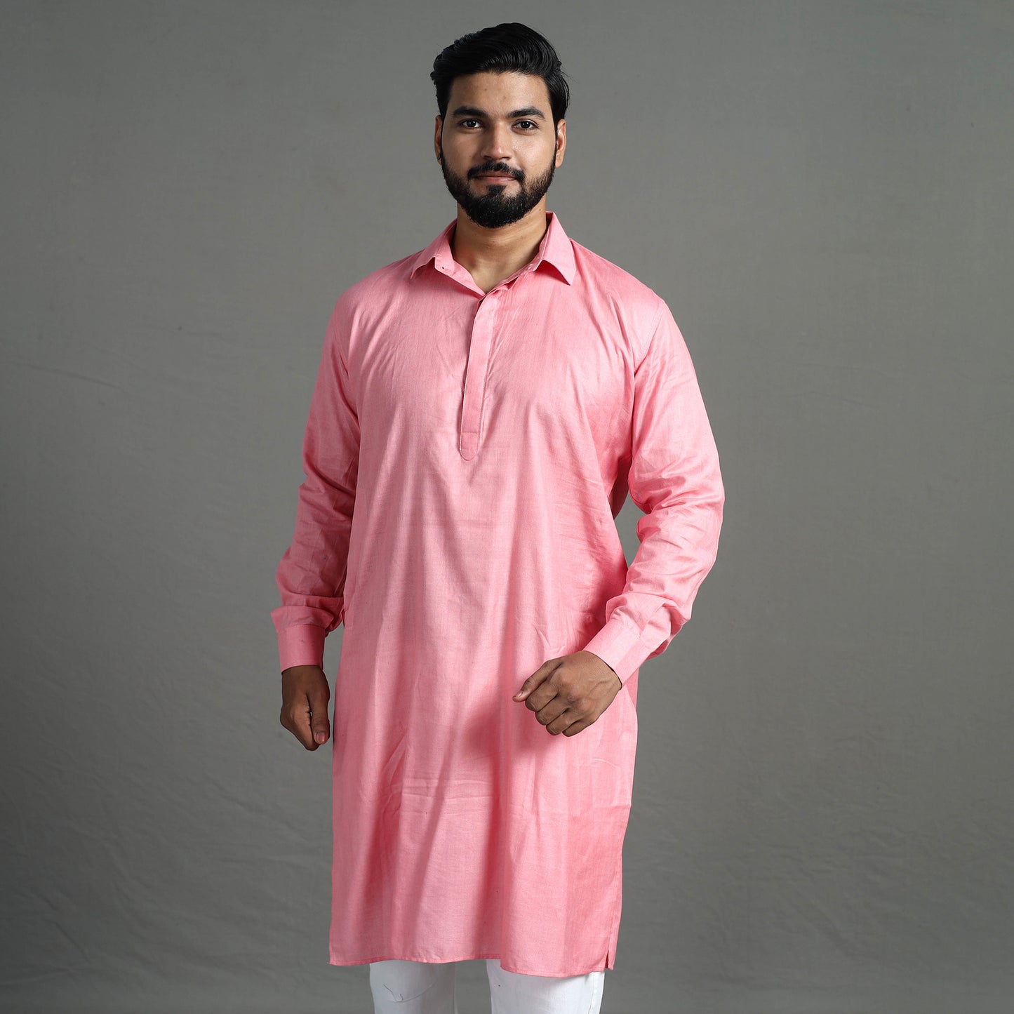 Baby Pink - Linen Viscose Plain Men Long Pathani Kurta