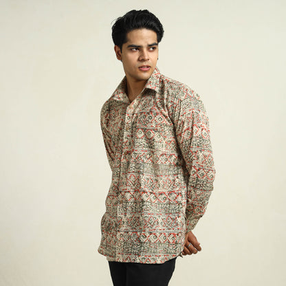 Beige - Kalamkari Block Printed Cotton Men Full Sleeve Shirt 09