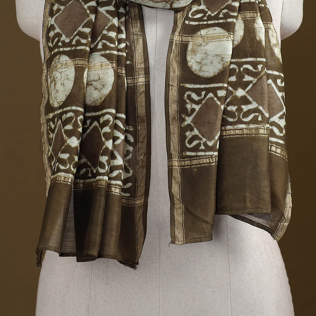 Brown - Pipad Hand Block Print Natural Dyed Chanderi Silk Handloom Stole 15