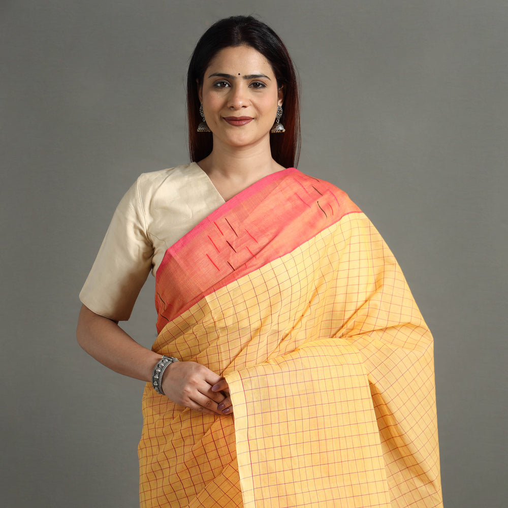 Orange - Traditional Venkatagiri Handloom Cotton Checks Saree 07