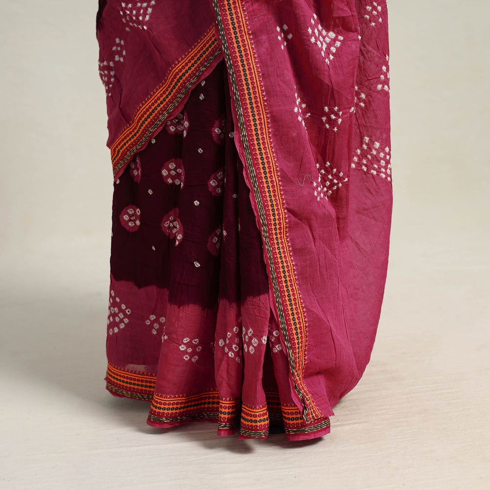 Maroon - Kutch Tie-Dye Cotton Bandhani Saree with Blouse Piece 19