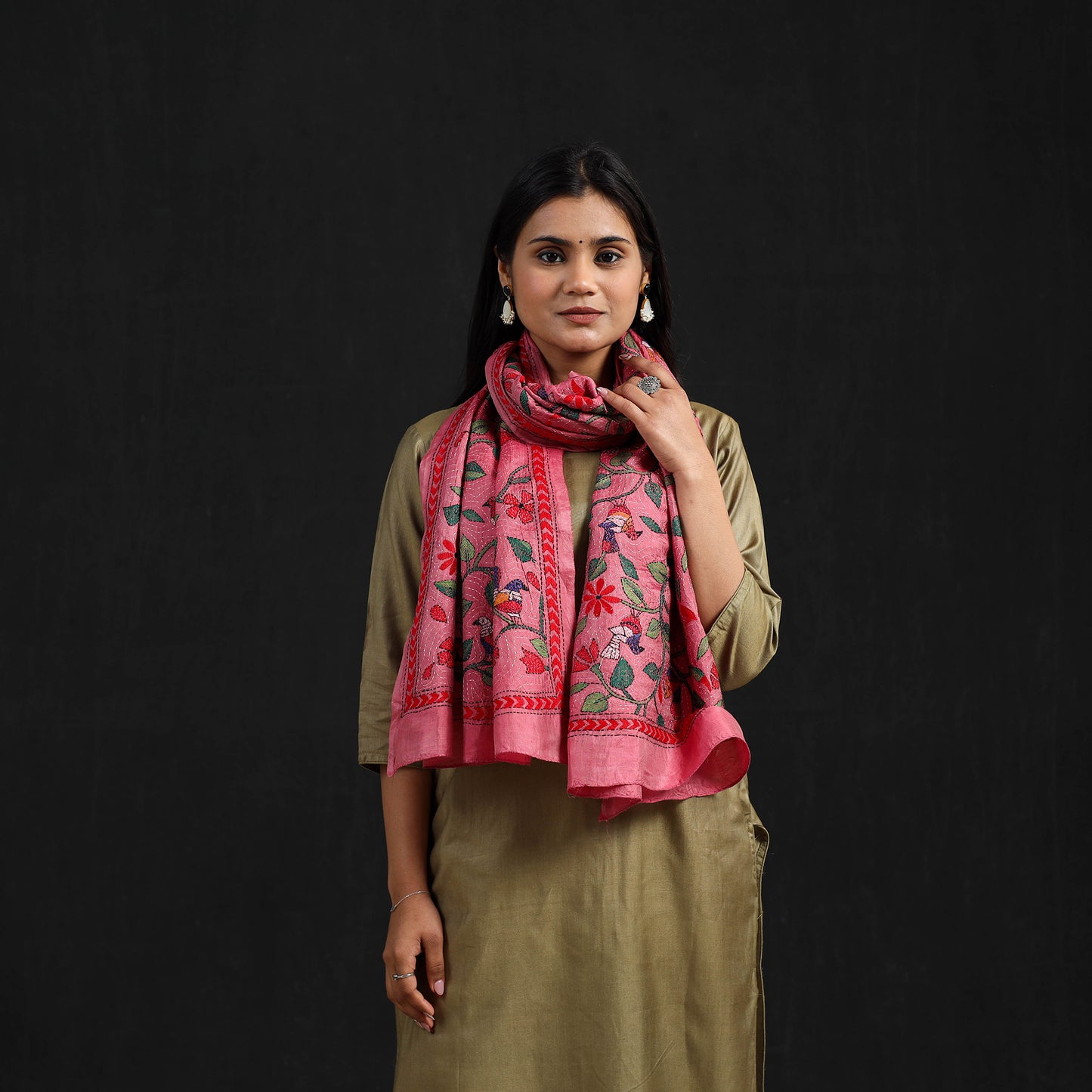 Pink - Handloom Silk Bengal Kantha Work Stole 21