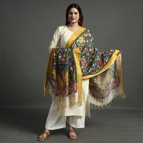 Buy Srikalahasti Pen Work Kalamkari Chanderi Silk Handpainted Zari Border Dupatta with Tassels 61 Online l iTokri.com