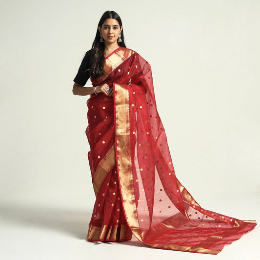 Red - Traditional Chanderi Katan Silk Handloom Saree with Nakshi Zari Border & Buti