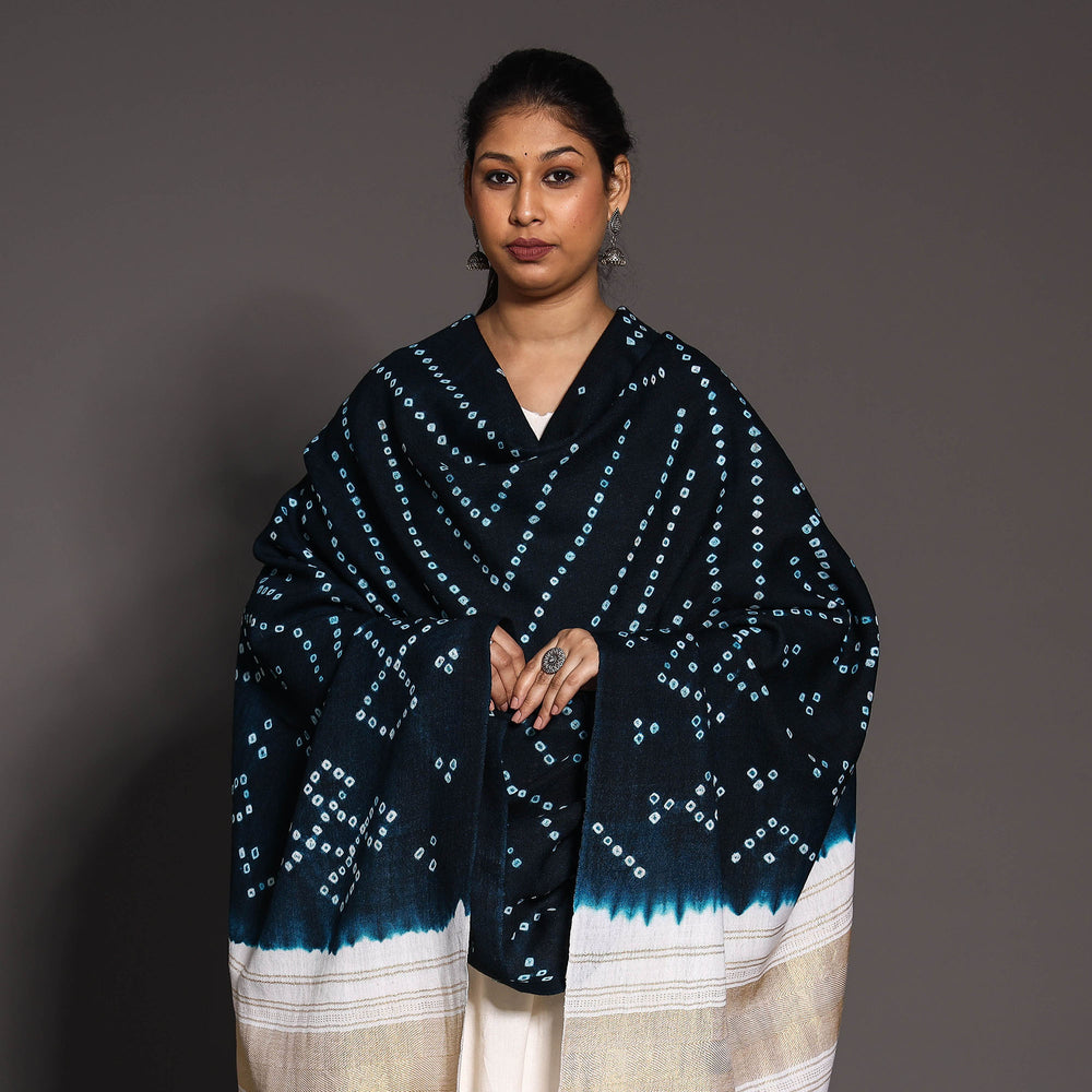 Blue - Kutch Handwoven Bandhani Tie-Dye Pure Woolen Shawl