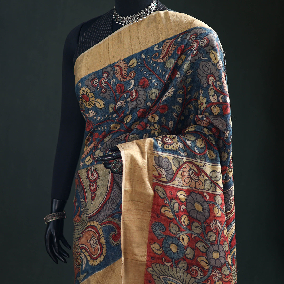 Pure Handloom Desi Tussar Silk Handpainted Srikalahasti Pen Kalamkari Saree with Zari Border 06