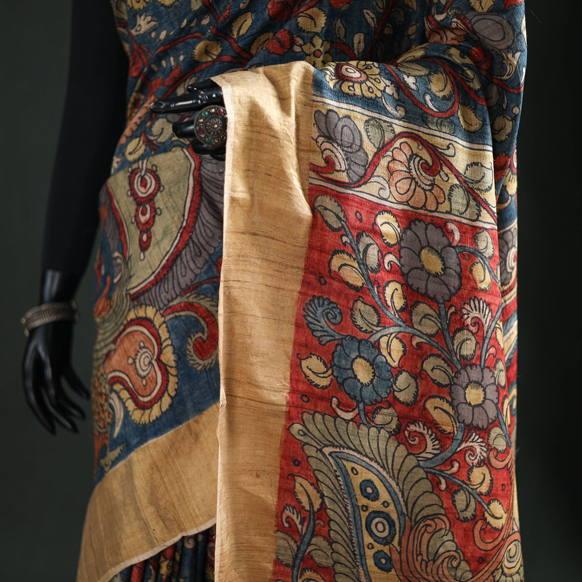 Pure Handloom Desi Tussar Silk Handpainted Srikalahasti Pen Kalamkari Saree with Zari Border 06