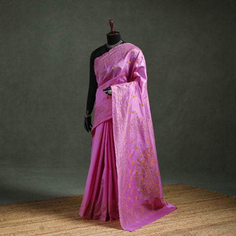 Purple - Bengal Nakshi Kantha Hand Embroidered Silk Saree 51