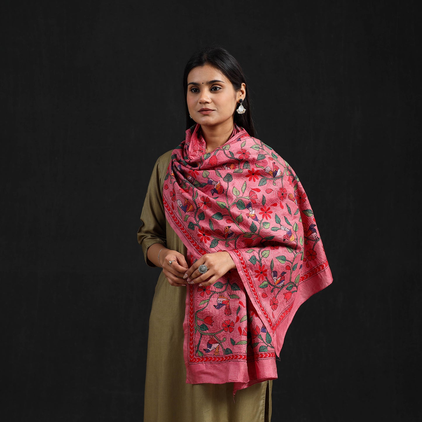 Pink - Handloom Silk Bengal Kantha Work Stole 21