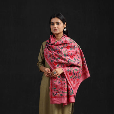 Pink - Handloom Silk Bengal Kantha Work Stole 21