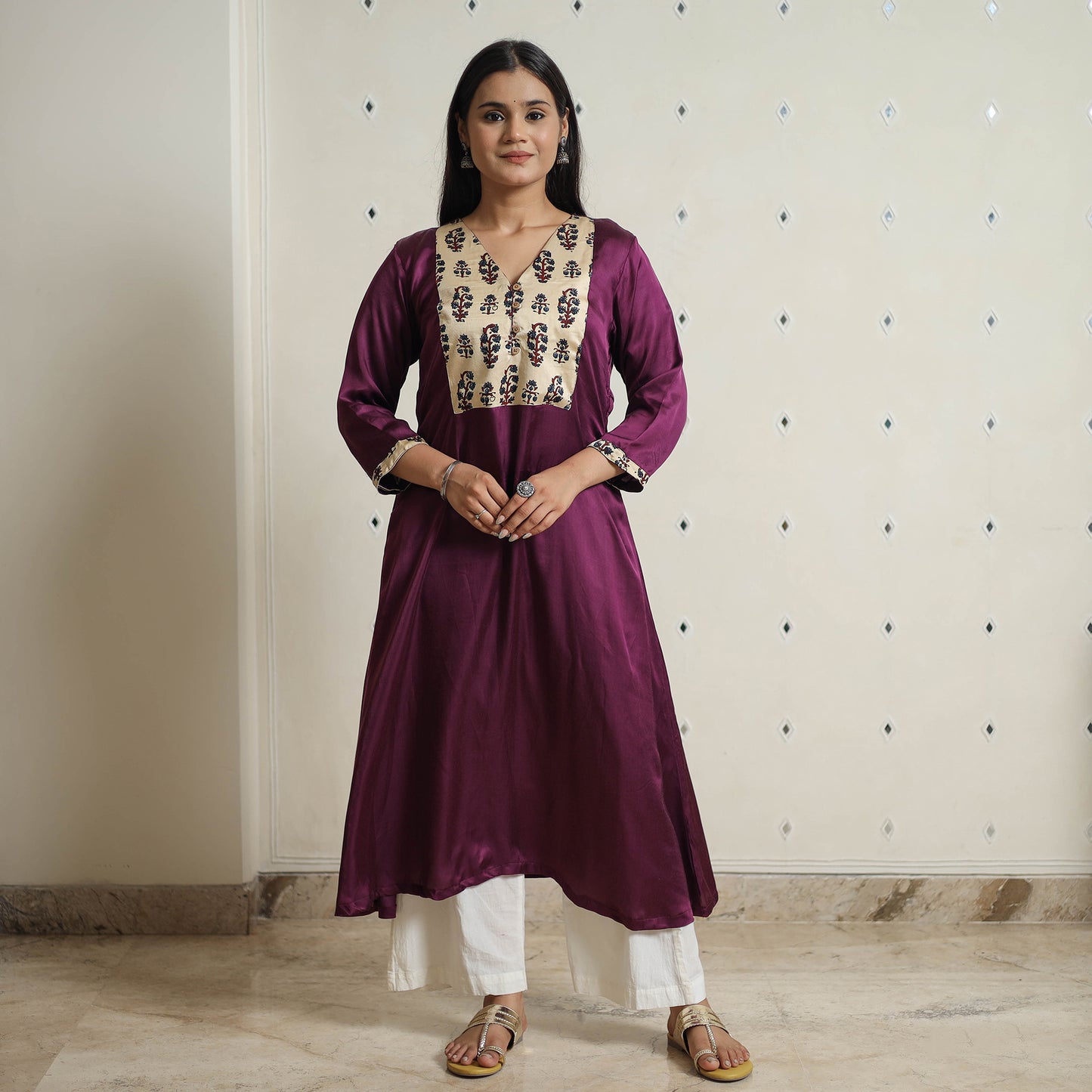 Purple - Plain Modal Silk A-Line Kurta with Ajrakh Patchwork 06