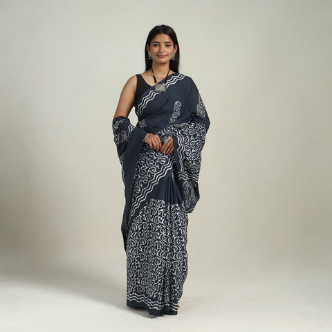 Dark Grey - Cotton Hand Batik Print Saree 09