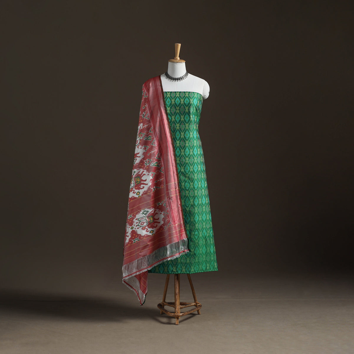 Pochampally Ikat Handloom Sico Unstitched Dress Material: Kurta with Mulberry Silk Dupatta 32