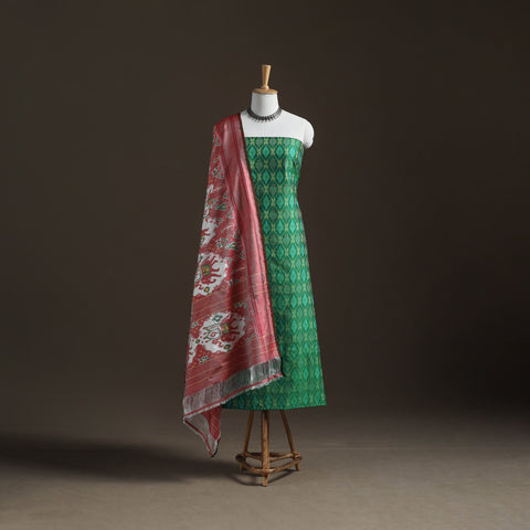 Green - Pochampally Ikat Handloom Sico Unstitched Dress Material: Kurta with Mulberry Silk Dupatta 32