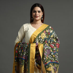Buy Srikalahasti Pen Work Kalamkari Chanderi Silk Handpainted Zari Border Dupatta with Tassels 61 Online l iTokri.com