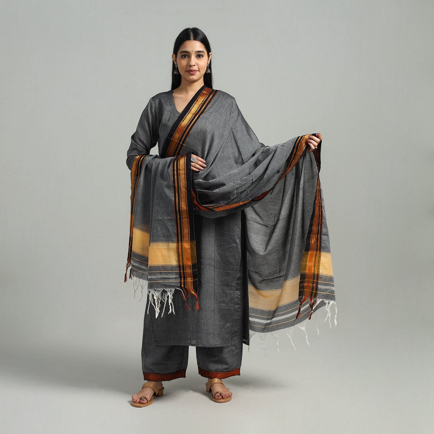 Grey - Cotton Dharwad Kurta Set with Palazzo & Dupatta 19