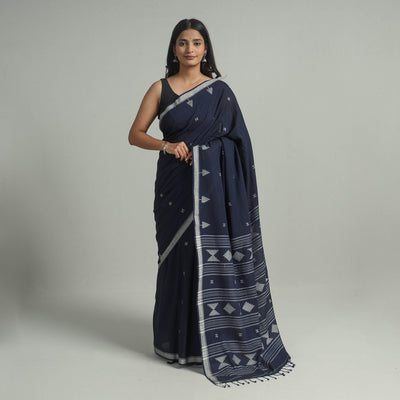 Blue - Handloom Cotton Phulia Jamdani Saree with Tassels 08