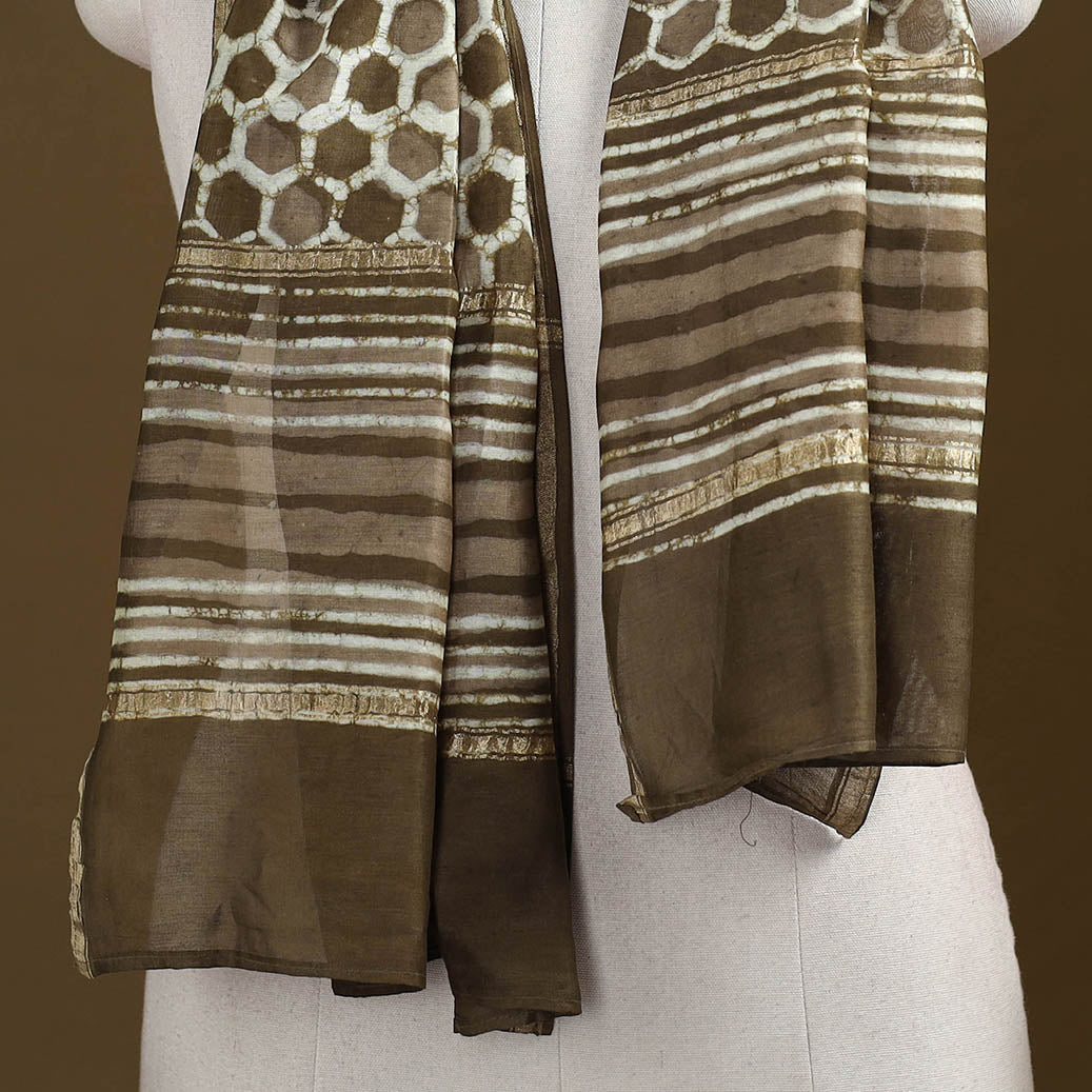 Brown - Pipad Hand Block Print Natural Dyed Chanderi Silk Handloom Stole 17