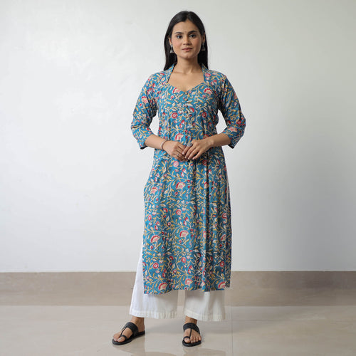 Blue - Sanganeri Block Printed Cotton Straight Kurta 11