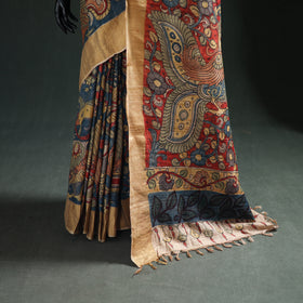 Pure Handloom Desi Tussar Silk Handpainted Srikalahasti Pen Kalamkari Saree with Zari Border 06