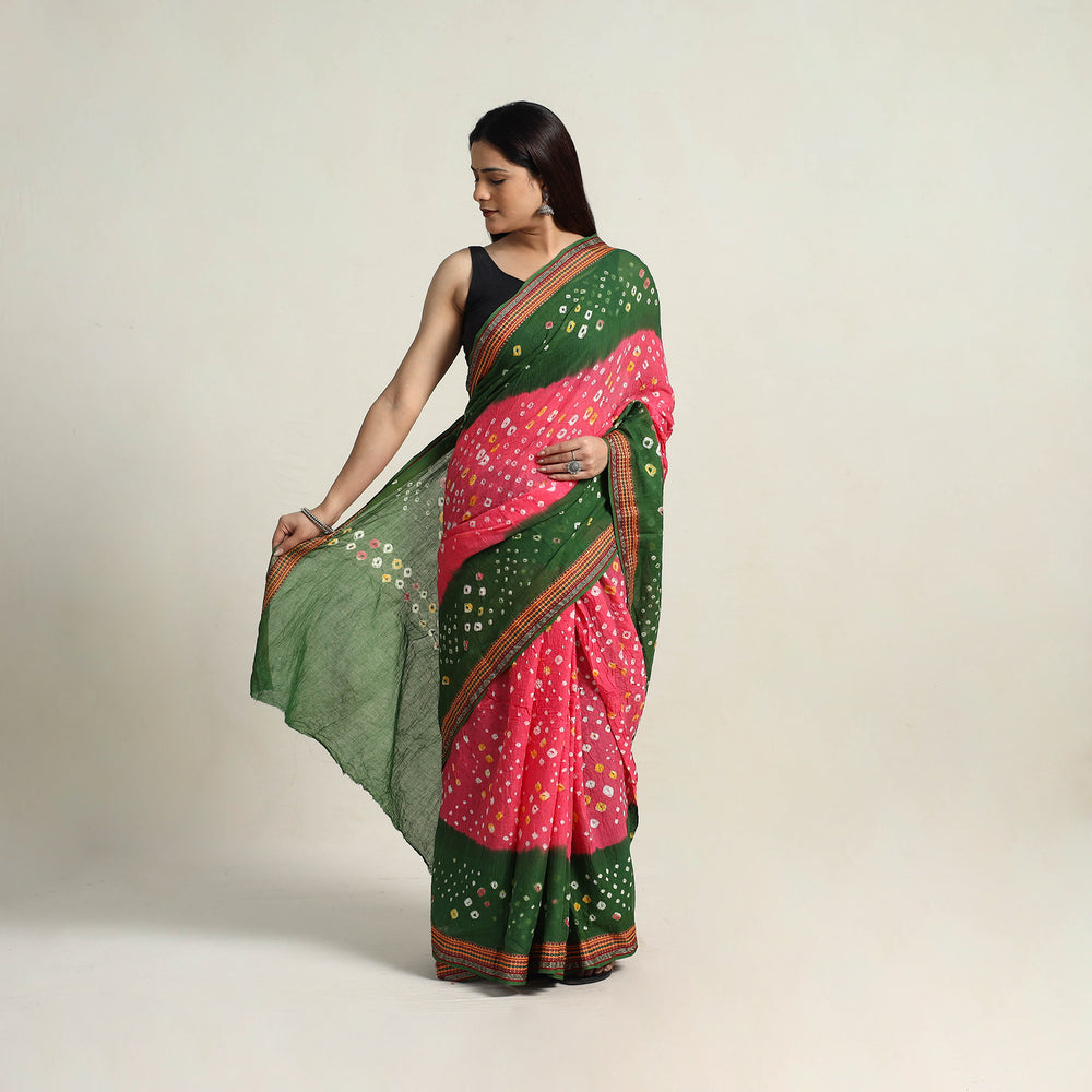 Pink - Kutch Tie-Dye Cotton Bandhani Saree with Blouse Piece 22