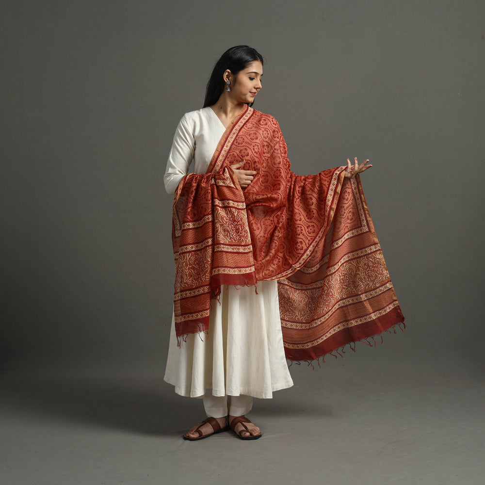 Orange - Block Printed Chanderi Silk Bagru Dupatta 66