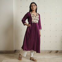 Purple - Plain Modal Silk A-Line Kurta with Ajrakh Patchwork 06