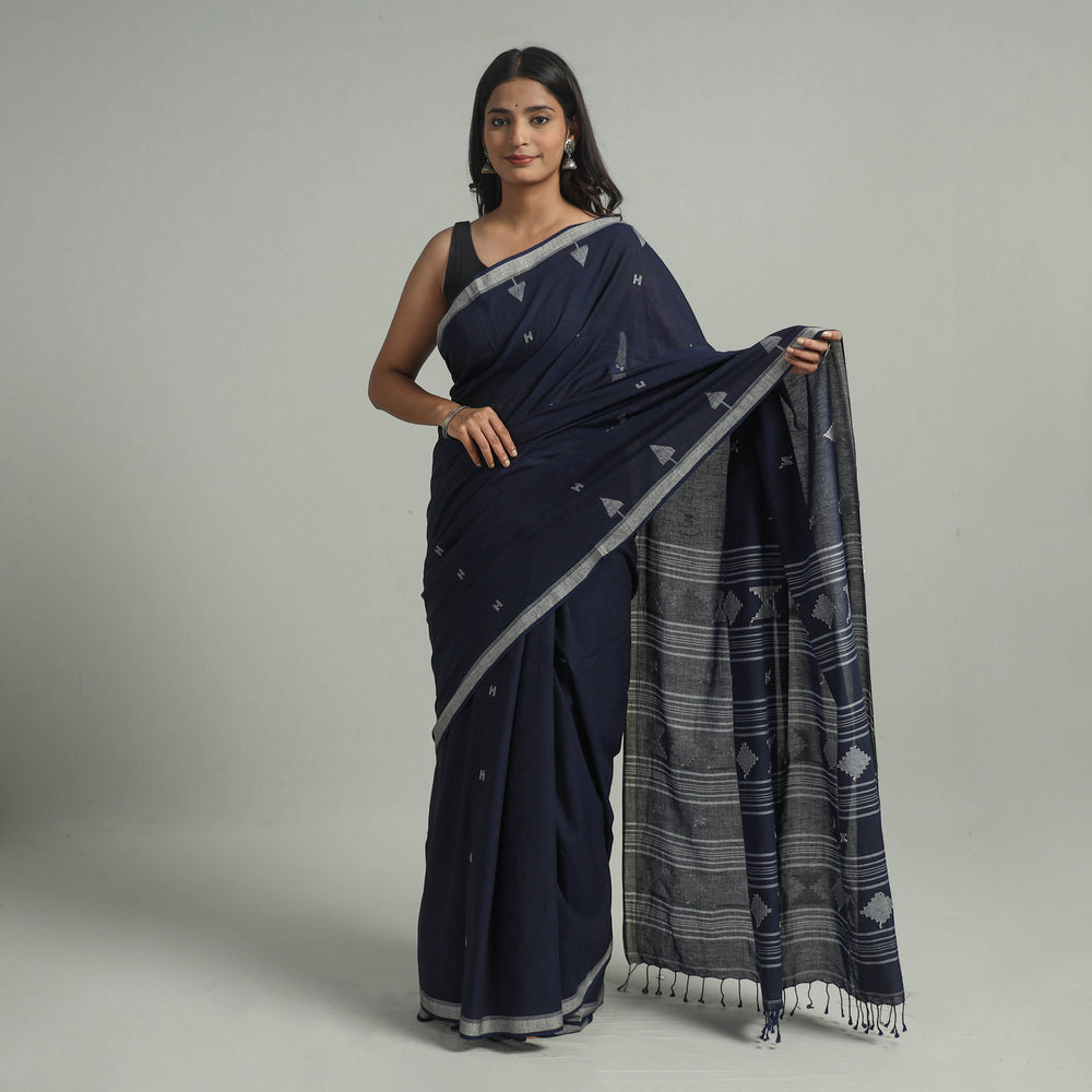 Blue - Handloom Cotton Phulia Jamdani Saree with Tassels 08