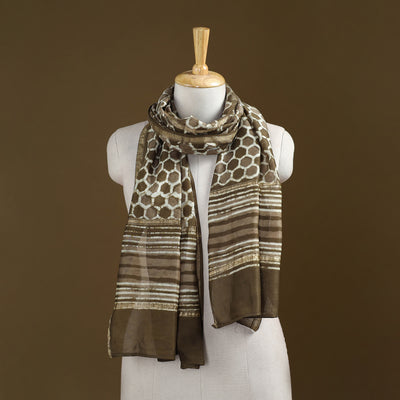 Brown - Pipad Hand Block Print Natural Dyed Chanderi Silk Handloom Stole 17